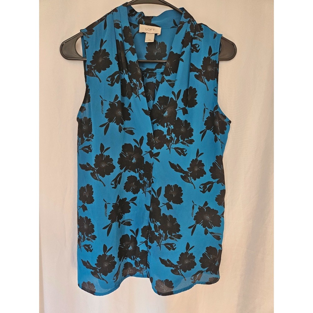 LOFT Floral Blouse Sleeveless V-Neck Casual Top Blue Black Size XS